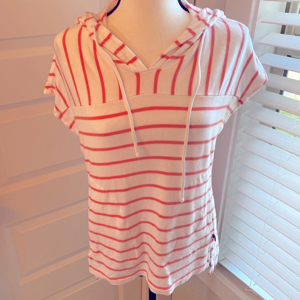 Talbots| Peach/orange and white striped short sleeve hoodie with pockets